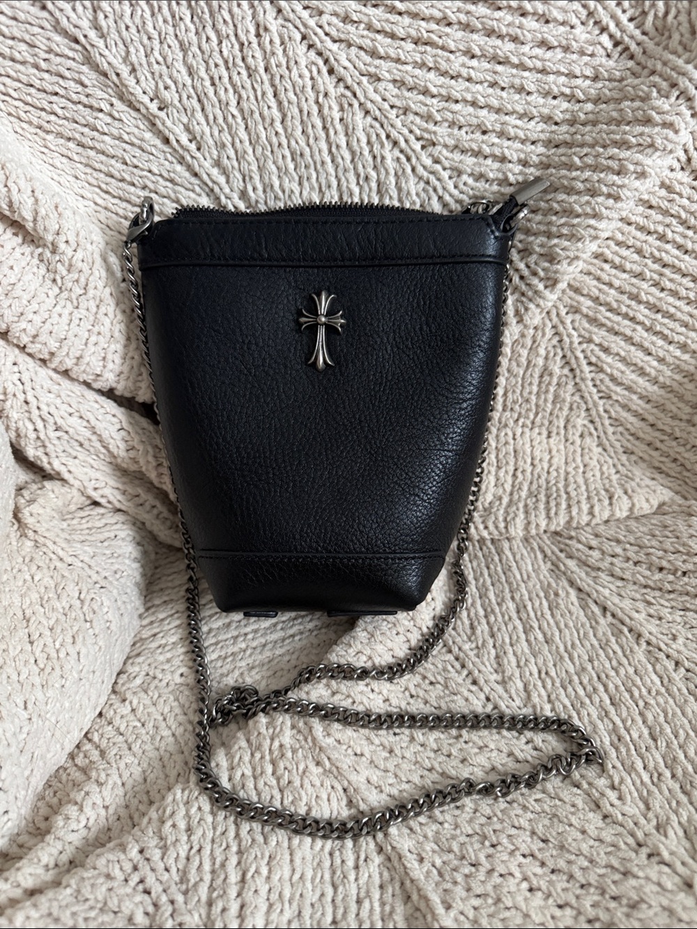 Black Pebble Leather Crossbody with Silver Cross Accent